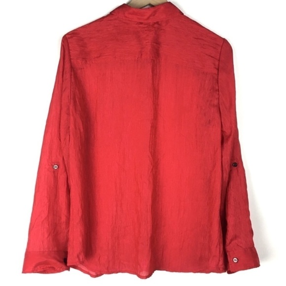 CHICOS Sheer Red Top Button Up Long Sleeve Crinkle Lightweight Size 2 Large - Picture 3 of 9